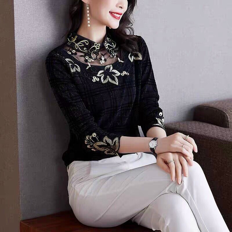 Áo Kiểu Cổ Lưới Thêu Hoa - SM63